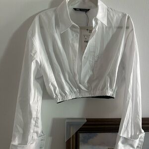 Zara White Cropped Button-Down Shirt